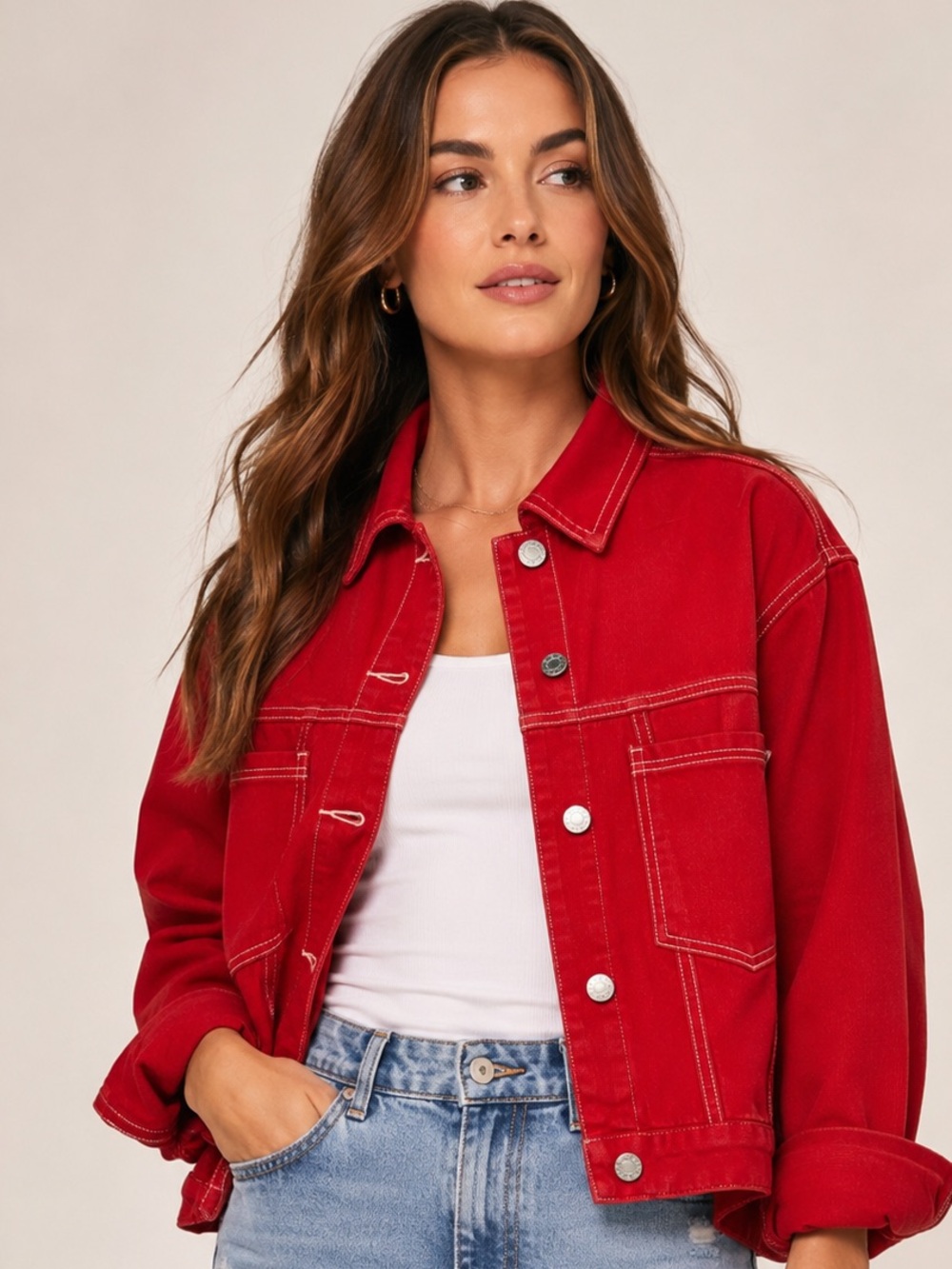 Signature8 Red Denim Jean Jacket with Contrast Stitching NWT XS